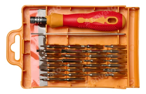 Preview: Plastic box with screwdriver and various bits for screws on isolated background