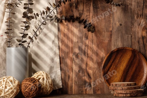 Preview: kitchenware stuff on wood counter at wood wall background