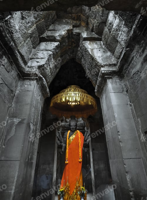 Preview: Statue of Buddha in shrine with incense, offerings