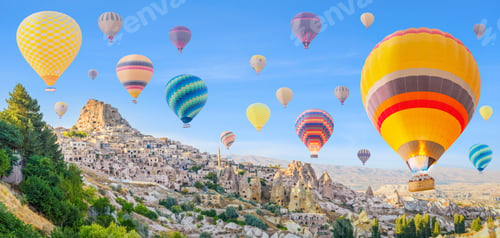 Preview: Scenic aerial view of hot air balloons floating in the sky at sunset in Goreme, Cappadocia, Turkey