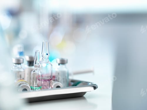 Preview: Variety of drugs and syringe on tray