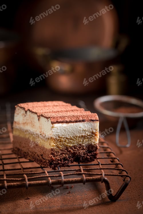 Preview: Sweet tiramisu cake with cocoa powder, mascarpone and biscuits