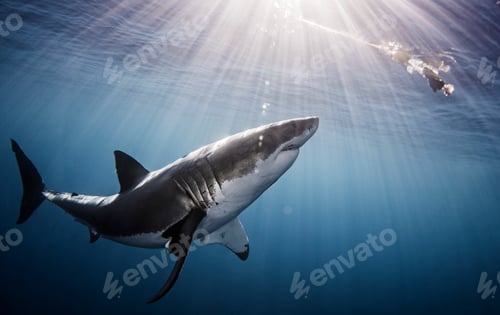 Preview: Shark swimming in sea under sunrays