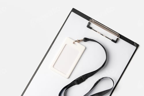 Preview: Blank badge card and clipboard on white background