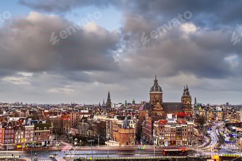 Preview: Amsterdam, Netherlands town cityscape over the Old Centre District