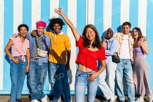 Preview: Multiethnic group of young happy friends hanging out