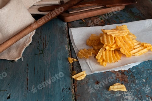 Preview: Potato chips on old wooden board