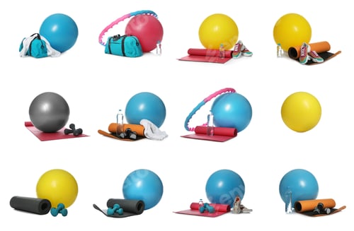Preview: Set of fitness balls and other sport accessories on white background