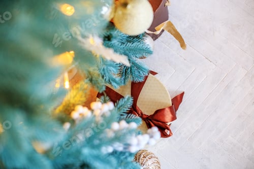 Preview: Beautiful gifts box and Christmas tree. New Year and Christmas c