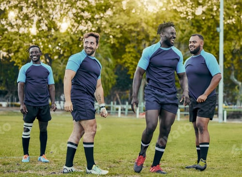 Preview: Rugby, men on team and diversity on field, sports and strong athlete group outdoor with fitness and