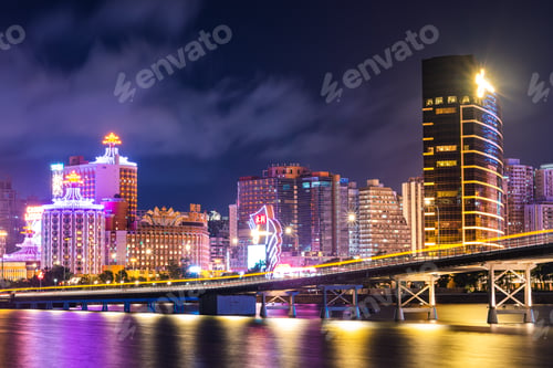 Preview: Macau city modern building landscape or cityscape at night, Casino of Asia travel landmark