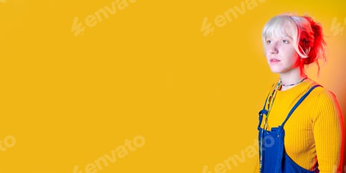 Preview: young caucasian woman isolated posing looking away pensive and dreaming