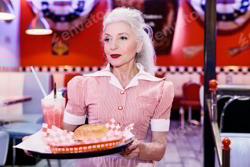 Preview: Mature female waitress serving burger in 1950's diner