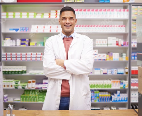 Preview: Pharmacy, smile and confidence, portrait of man at drugstore counter, customer service and medical