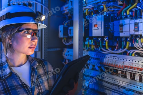 Preview: Female electrician studies a control switchboard in blue light. Engineer portrait.
