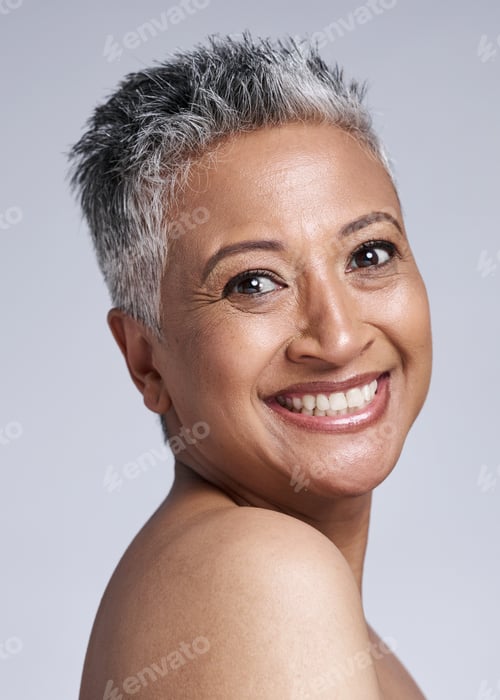 Preview: Wellness, portrait and elderly face beauty with smile of mature woman for healthy cosmetic marketin