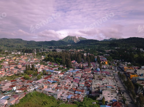 Preview: Aerial view of Berastagi town with Sinabung volcano in the background, North Sumatera