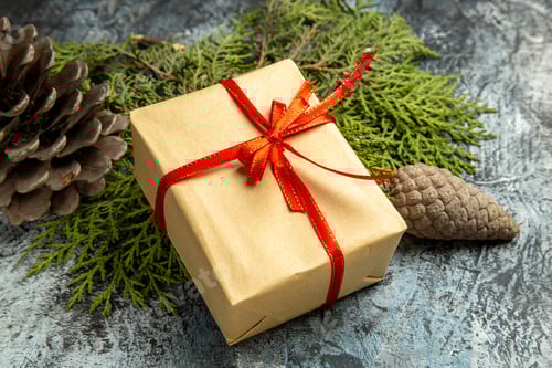 Preview: bottom view small gift tied with red ribbon on pine branches cones on dark background
