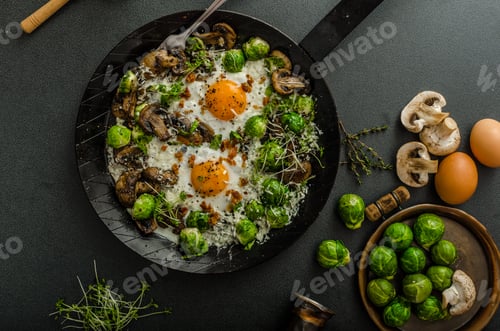 Preview: Vegetable omelet with bulls eye egg and sprouts