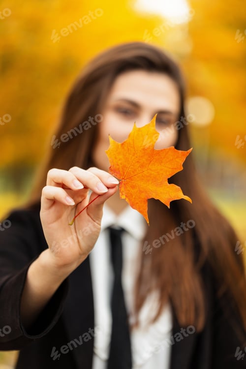 Preview: Fresh autumn portrait of a beautiful business woman in a fashion black coat, shirt and tie