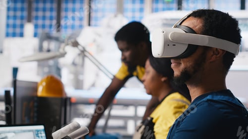 Preview: Photovoltaics factory engineer designing on PC CAD software with VR headset