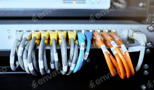 Preview: Server room, computer and cable for internet connection, cloud computing and cyber security. Hardwa