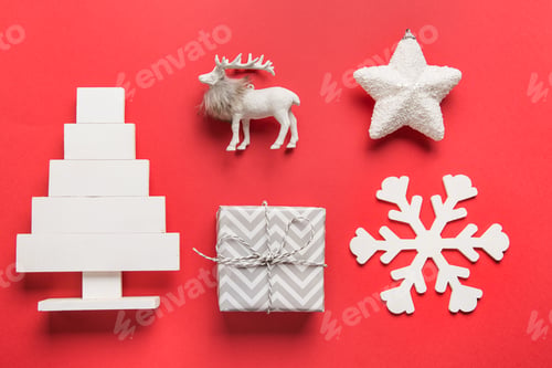 Preview: Pattern of Christmas white decorations, gifts, baubles, deer, snowflakes.