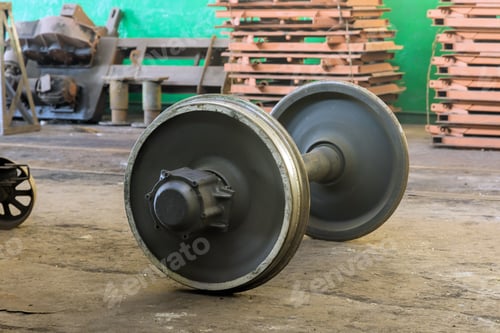 Preview: Heavy metal wheels resting on the industrial floor in a manufacturing space during daylight hours