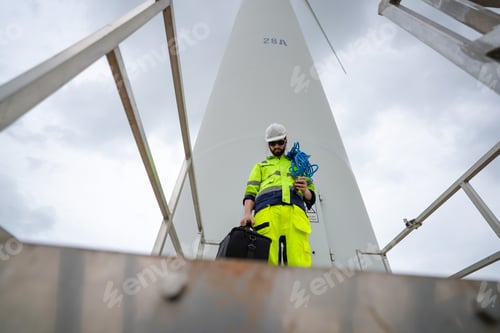 Preview: Windturbine inspector wearing Personal protective equipment working at wind turbines farm