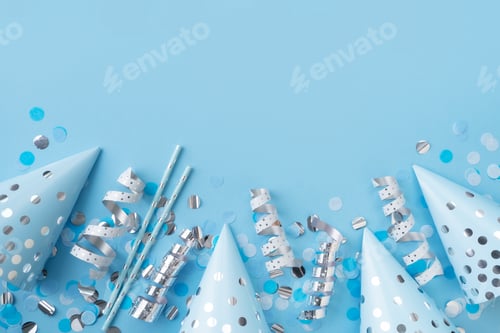 Preview: Boy, baby birthday, celebration concept with birthday cone and confetti