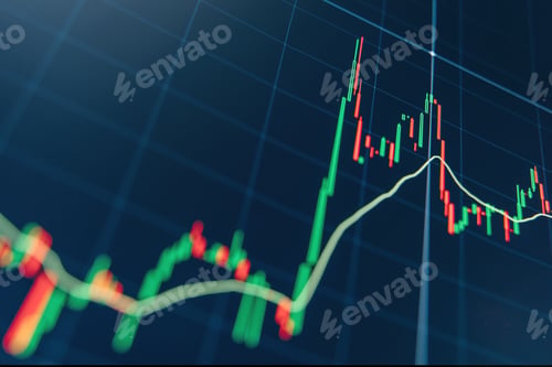 Preview: Crypto trading market volatility with technical price graph and indicator on blue display