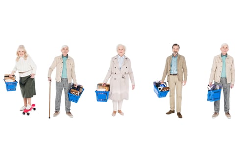 Preview: collage of pensioners holding shopping baskets with groceries isolated on white