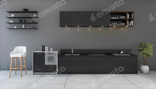 Preview: 3d rendering black kitchen with minimal design room