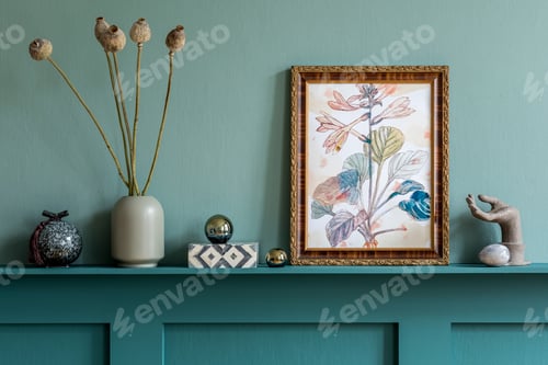 Preview: Stylish living room interior at apartment with mock up poster frame.