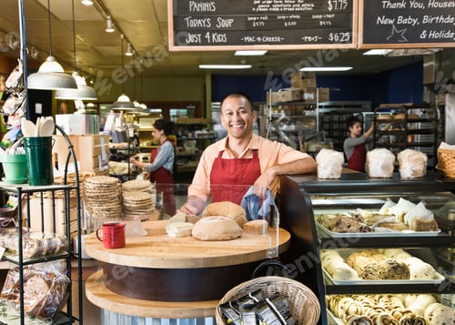 Preview: Hispanic man baker and employees in the backgrtound of the bakery.