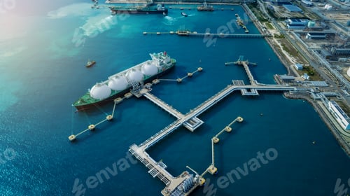 Preview: LNG (Liquified Natural Gas) tanker anchored in Gas terminal gas tanks for storage. Oil Crude Gas