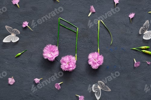 Preview: Notes of flowers and stems on dark stone background with butterflies. Musical summer top view