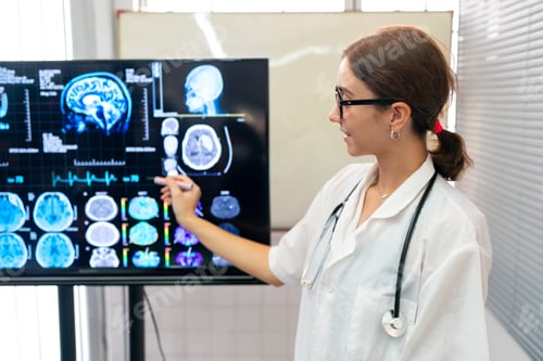 Preview: Team of doctors discuss results of X-Ray or MRI scan of patient's brain in medicine office of clinic