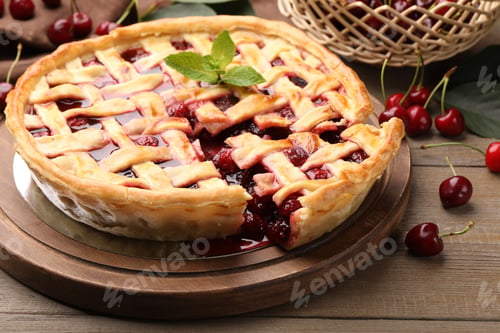 Preview: Tasty cut cherry pie and berries on wooden table, closeup