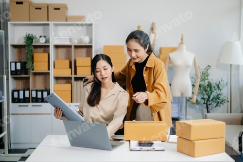 Preview: young Asian woman and businesswoman at office of their business online shopping.In home office
