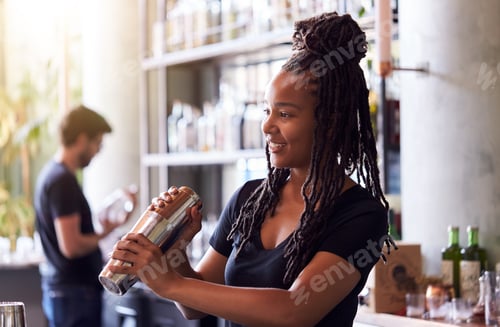 Preview: Female Bartender Mixing Cocktail In Shaker Behind Bar
