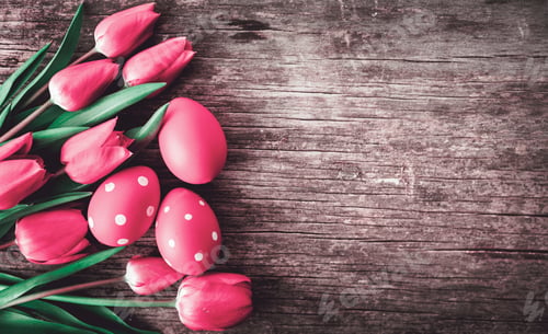 Preview: Easter Tulips and Decorated Eggs on Wooden Table
