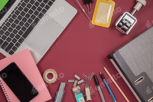 Preview: Flat lay, top view office table desk. Workspace background