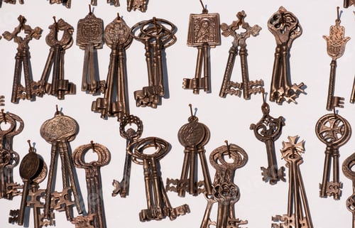 Preview: 1 January 2023 Bergama, Turkey - Collection of old keys in gift shop.