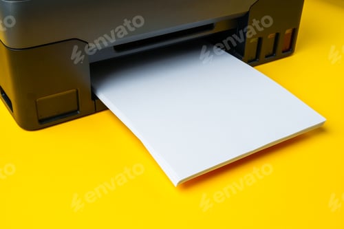 Preview: Modern printer with paper on yellow background