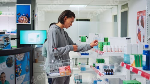 Preview: Male customer analyzing supplements boxes on pharmacy shelves