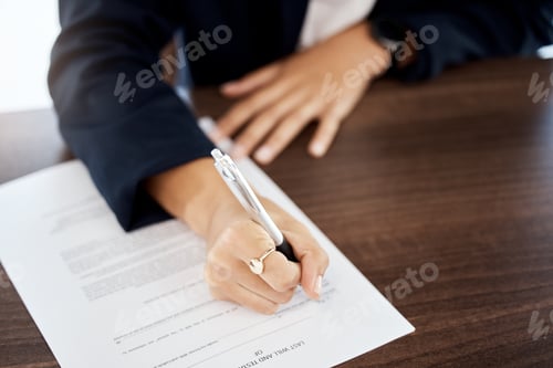 Preview: Closeup, business and woman with pen, hands and contract for application, document and employee. Zo