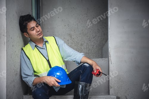 Preview: Tired exhausted and napping engineer builder worker in construction site