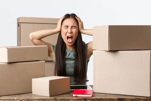 Small business owners, startup and e-commerce concept. Distressed and overwhelmed asian