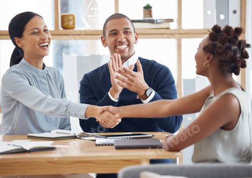 Preview: Cheerful female coworkers shaking hands while their male mixed race colleague claps hands. Group of